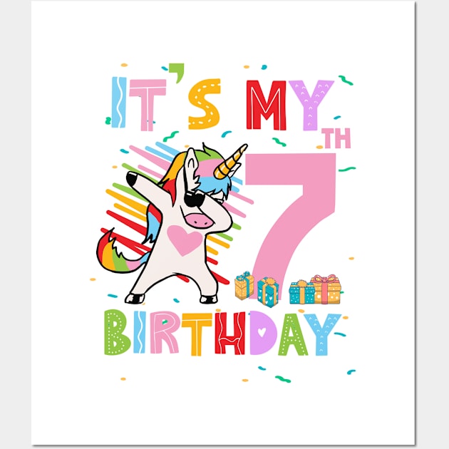 It's My 7th Birthday Girl Cute Unicorn B-day Giif For Girls Kids toddlers Wall Art by Los San Der